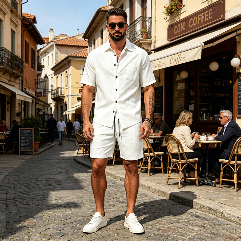 Men Linen Two Piece Outfit Sho - Linen Shorts Men avis et prix