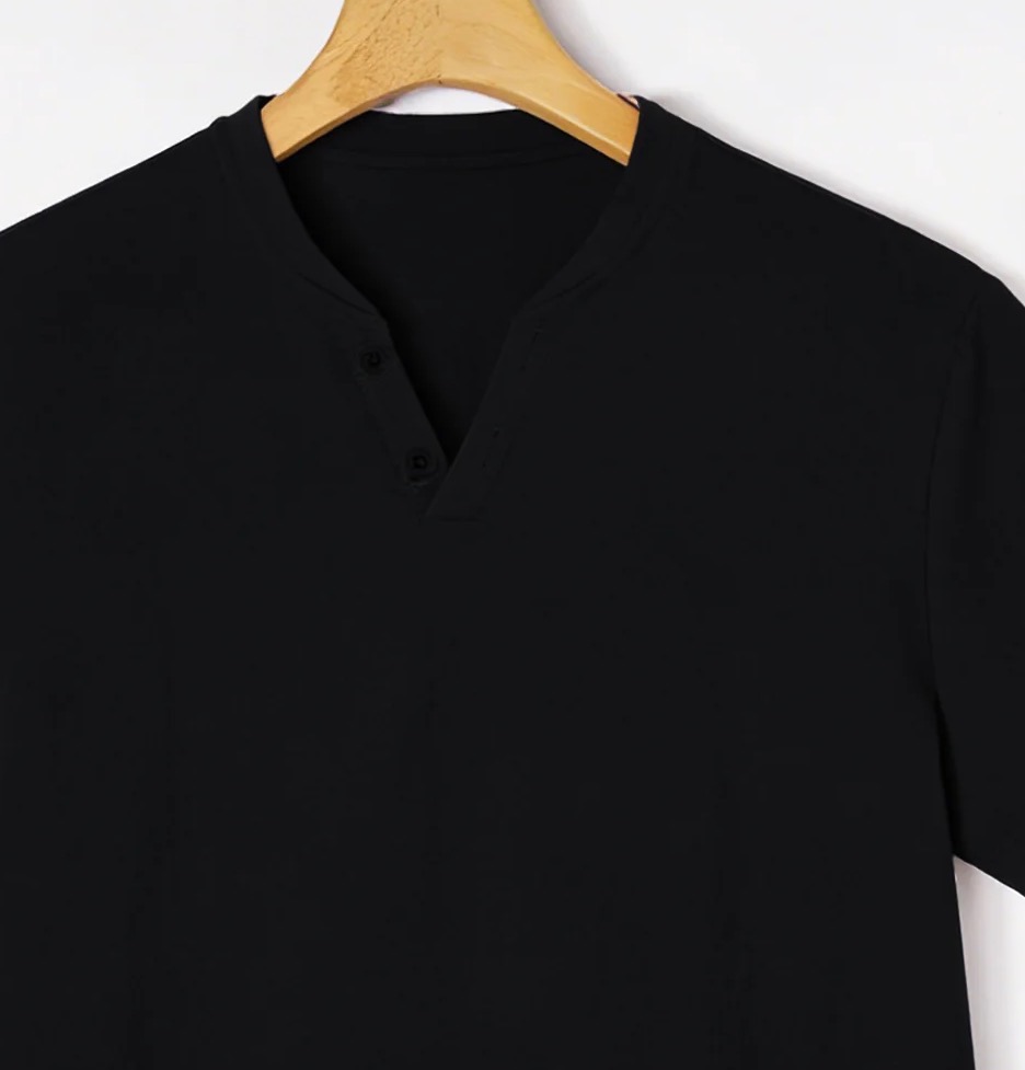 Elegant Black Henley Short-Sle - Linen Shorts Men avis et prix