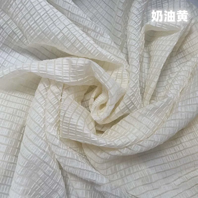 Cream Yellow Checkered Fabric  - Summer Clothing Material avis et prix