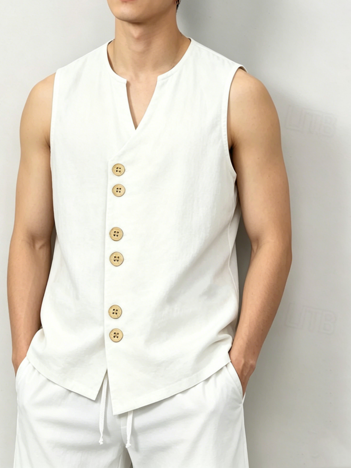 Men's Linen-Look V-Neck Button - Linen Shorts Men avis et prix