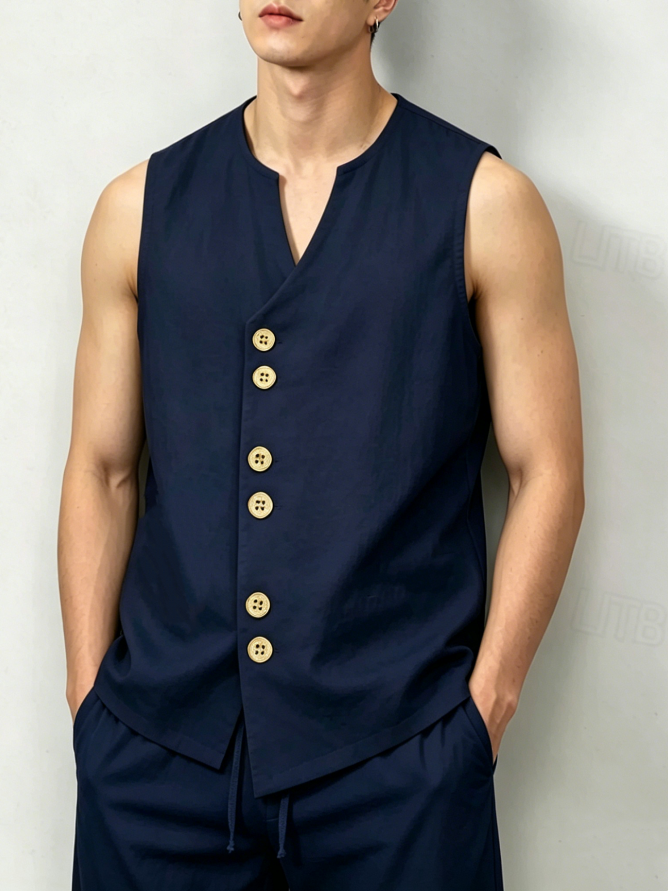 Men's Linen-Look V-Neck Button - Linen Shorts Men avis et prix