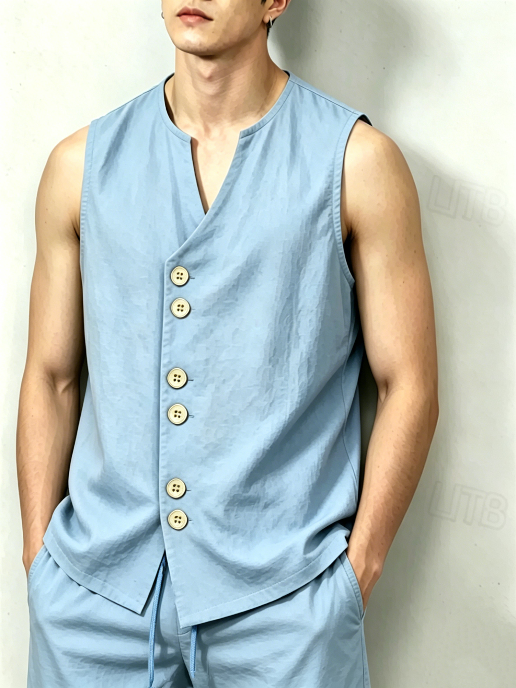 Men's Linen-Look V-Neck Button - Linen Shorts Men avis et prix