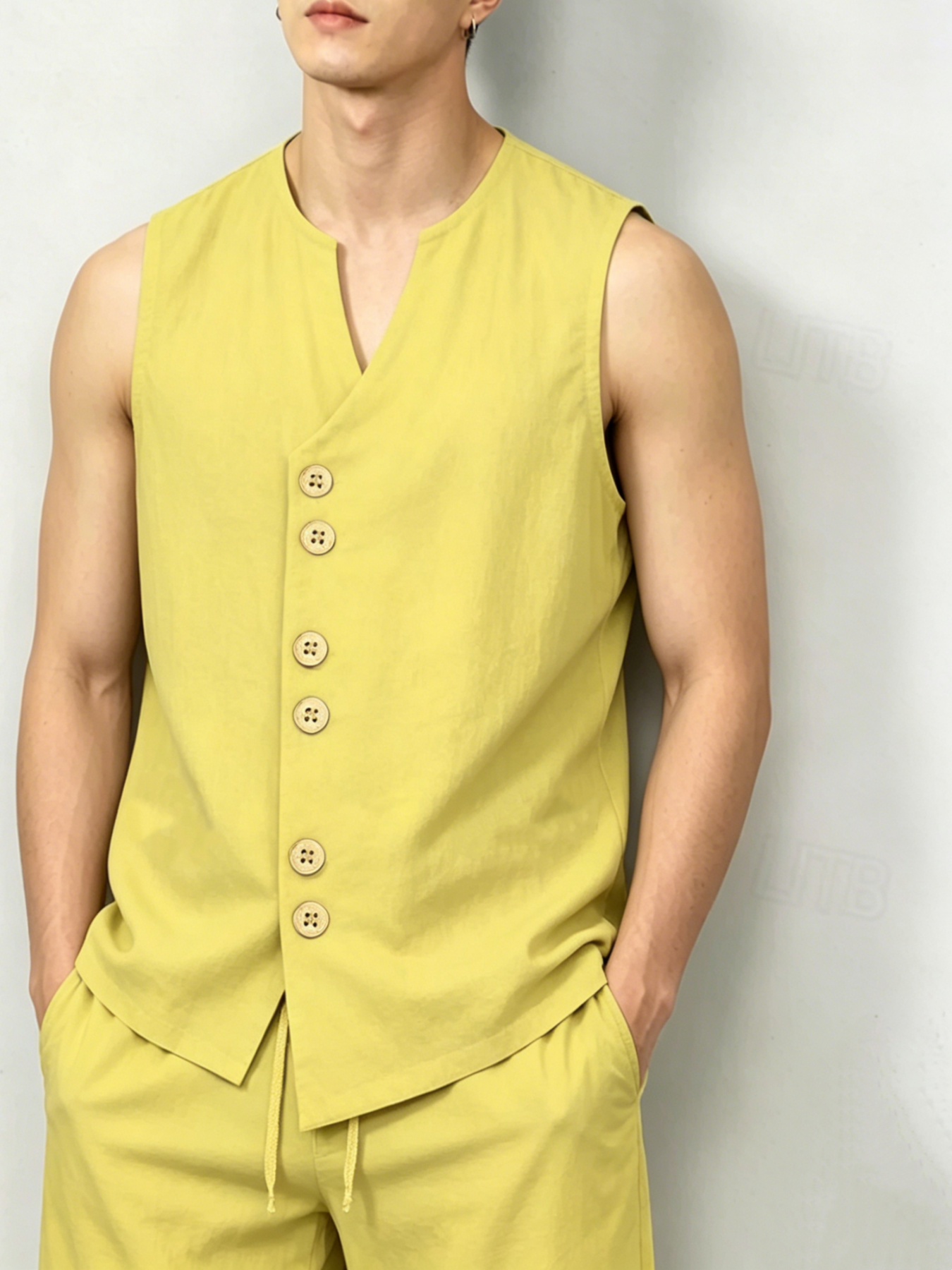 Men's Linen-Look V-Neck Button - Linen Shorts Men avis et prix