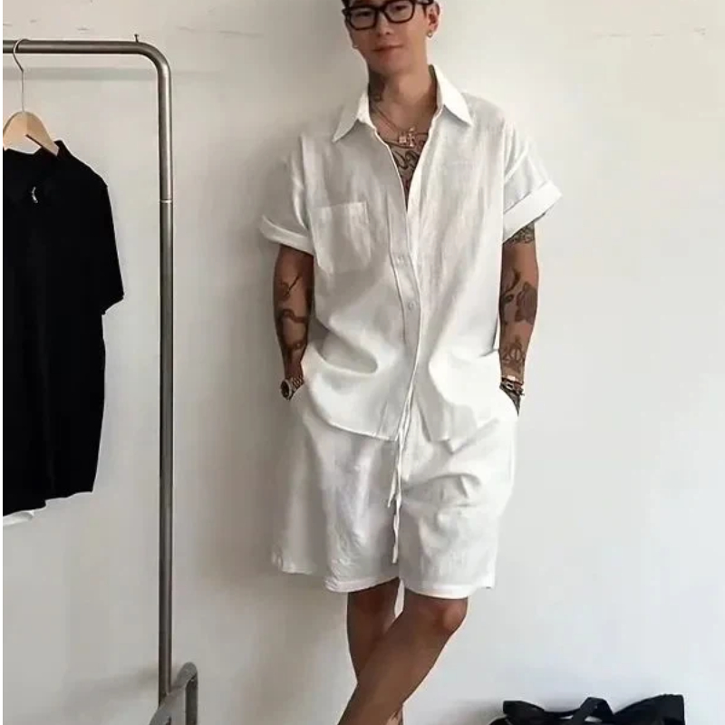 Mens Linen Cotton 2 Piece Set  - Linen Shorts Men avis et prix